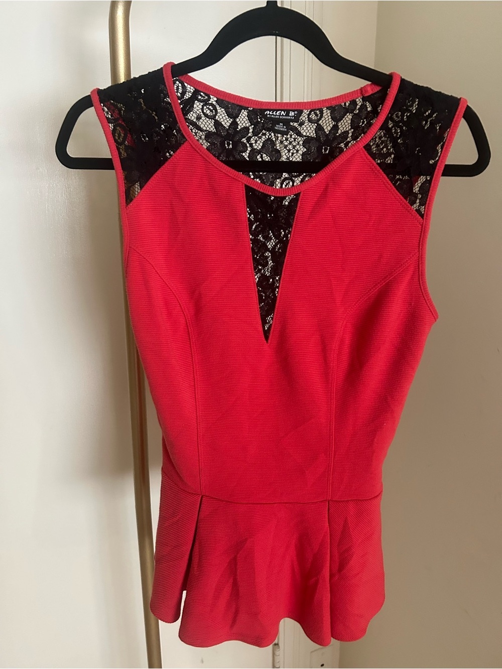Allen B Red Peplum Top Black Lace Sleeveless Blouse Medium Cocktail Party